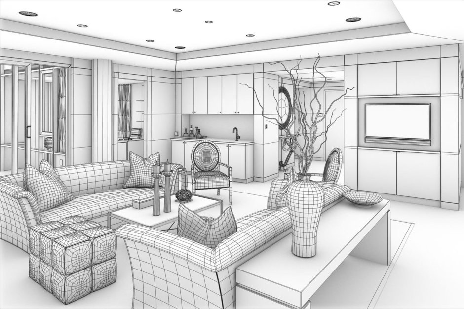 Угловая перспектива интерьера скетч