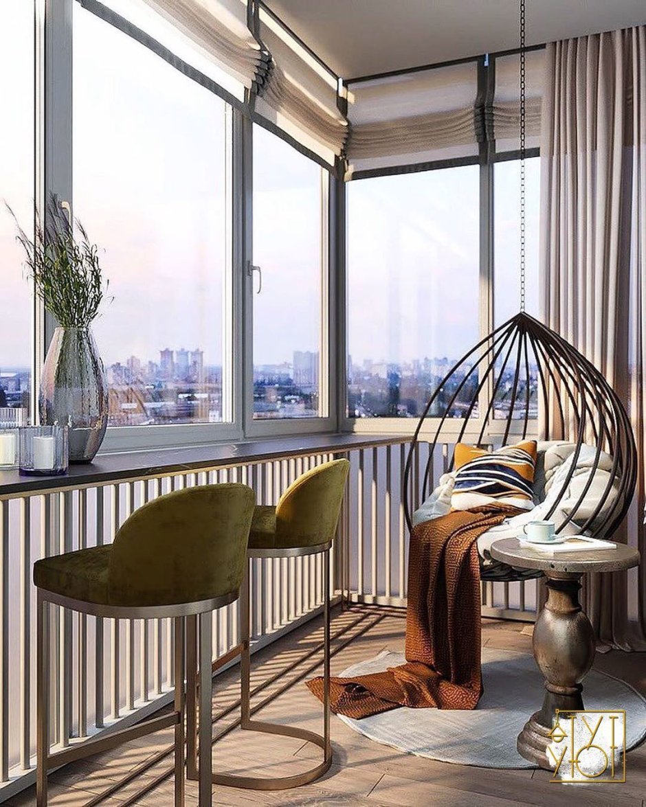 Дизайн лоджии 11 квадратов с плетеной мебелью