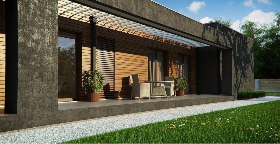 Одноэтажный дом с плоской крышей и террасой