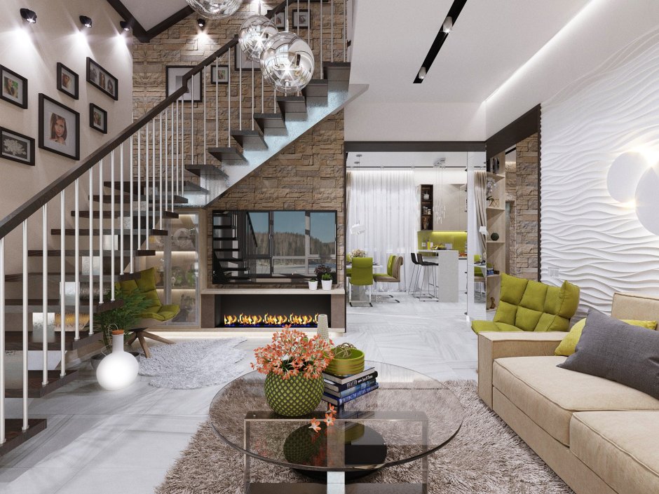 Кухня с лестницей на второй этаж в частном доме