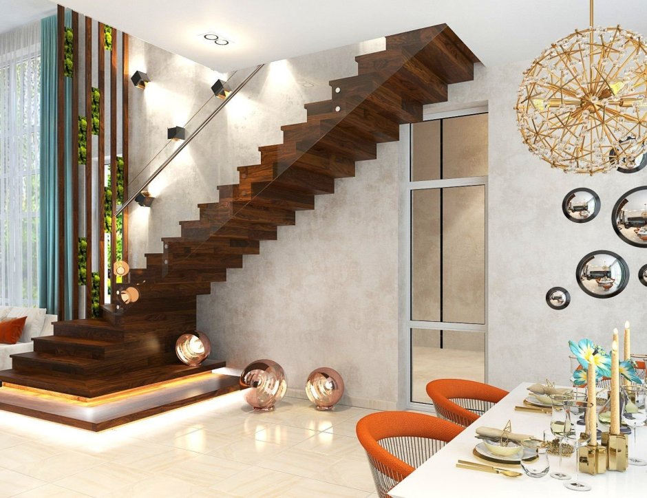 Гостиная столовая с лестницей