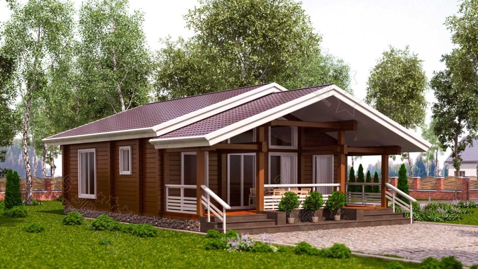 Деревянный дом одноэтажный с террасой 100кв