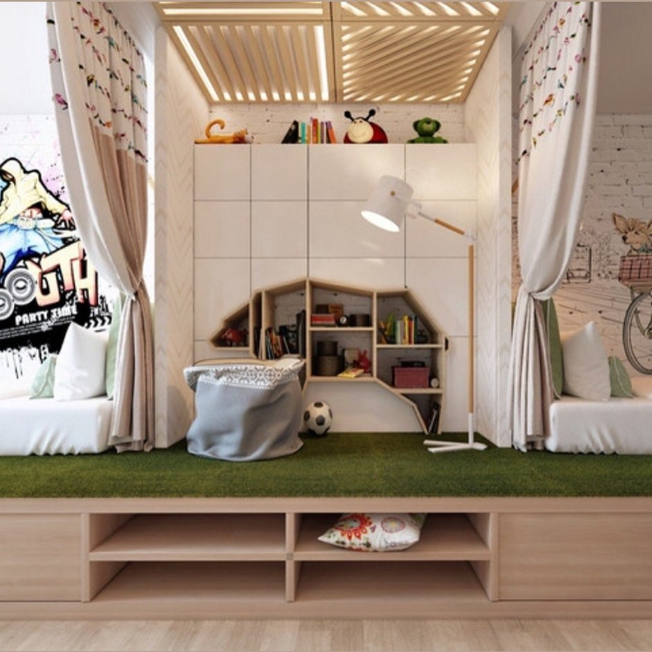 Детская с подиумом и выдвижными кроватями