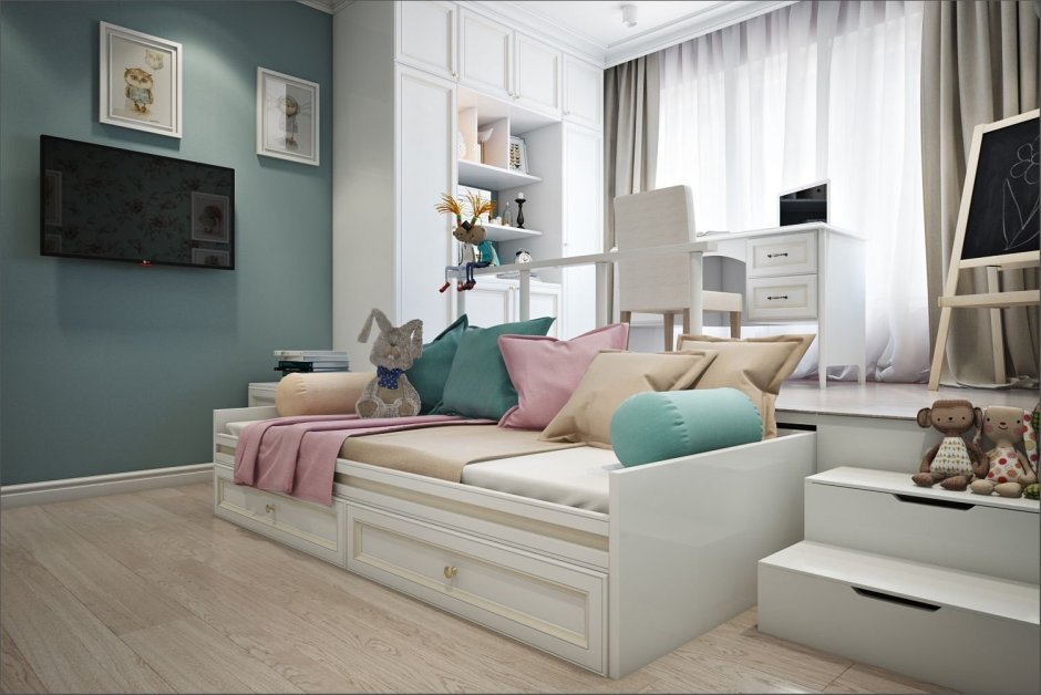 Комната подростка мальчика с подиумом