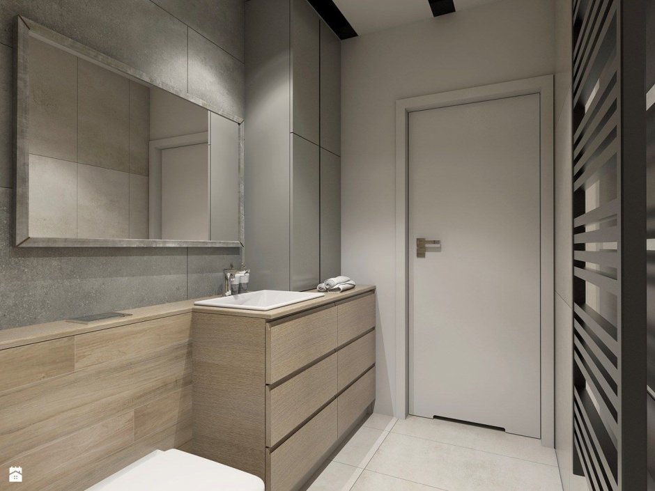 Светло серая ванная комната с деревом