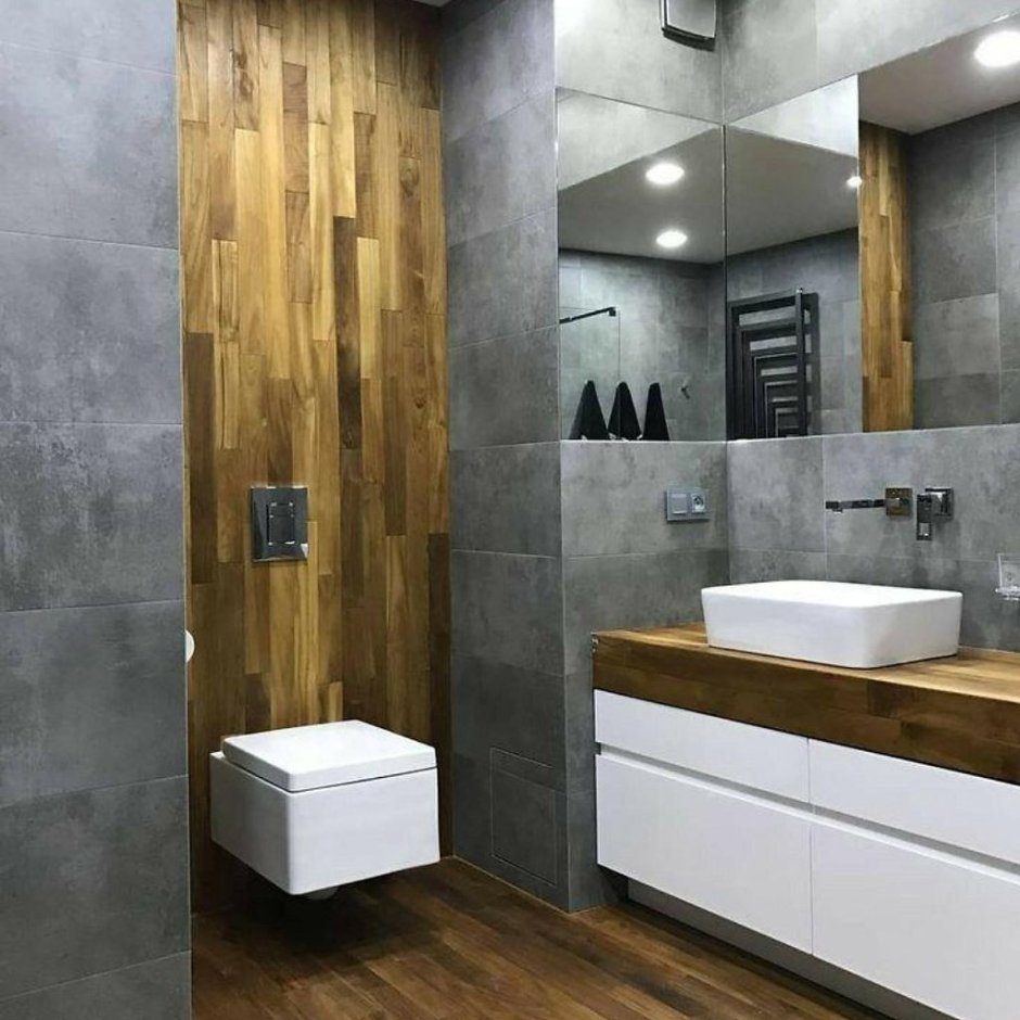 Ванная комната бетон и дерево