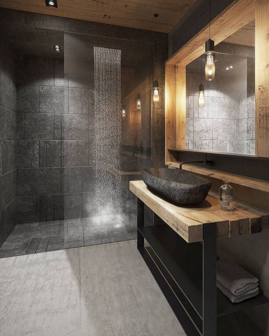 Ванная в стиле бетон и дерево