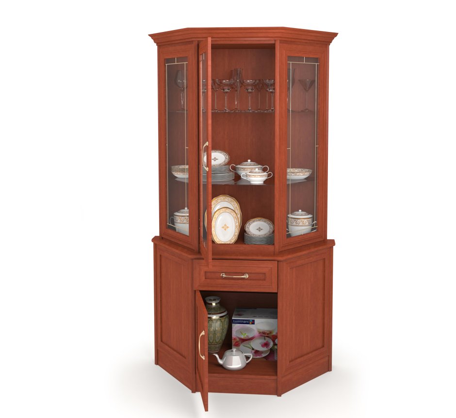 Угловой стеклянный шкаф для посуды