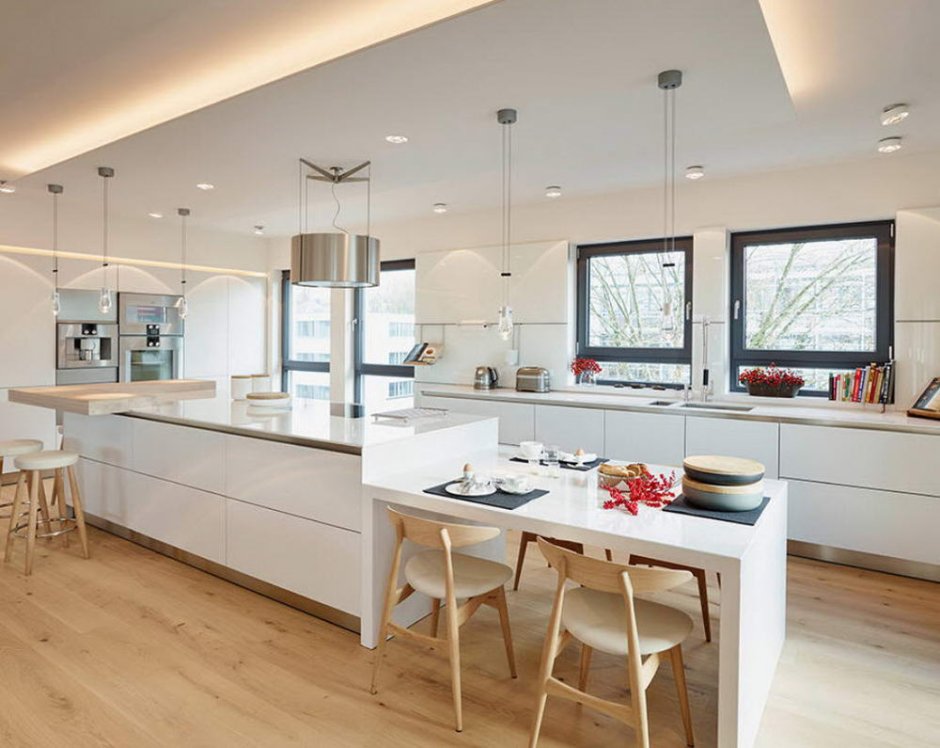 Освещение в кухне гостиной с островом