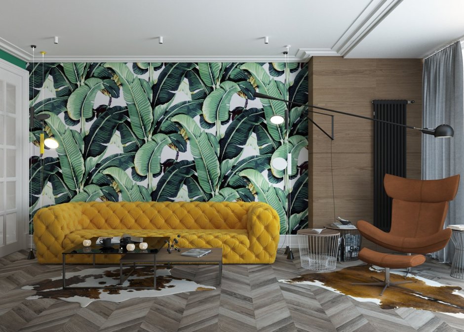 Тропические обои в интерьере гостиной