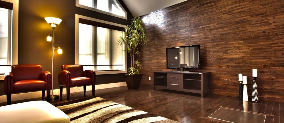 Ламинат под темное дерево в интерьере гостиной