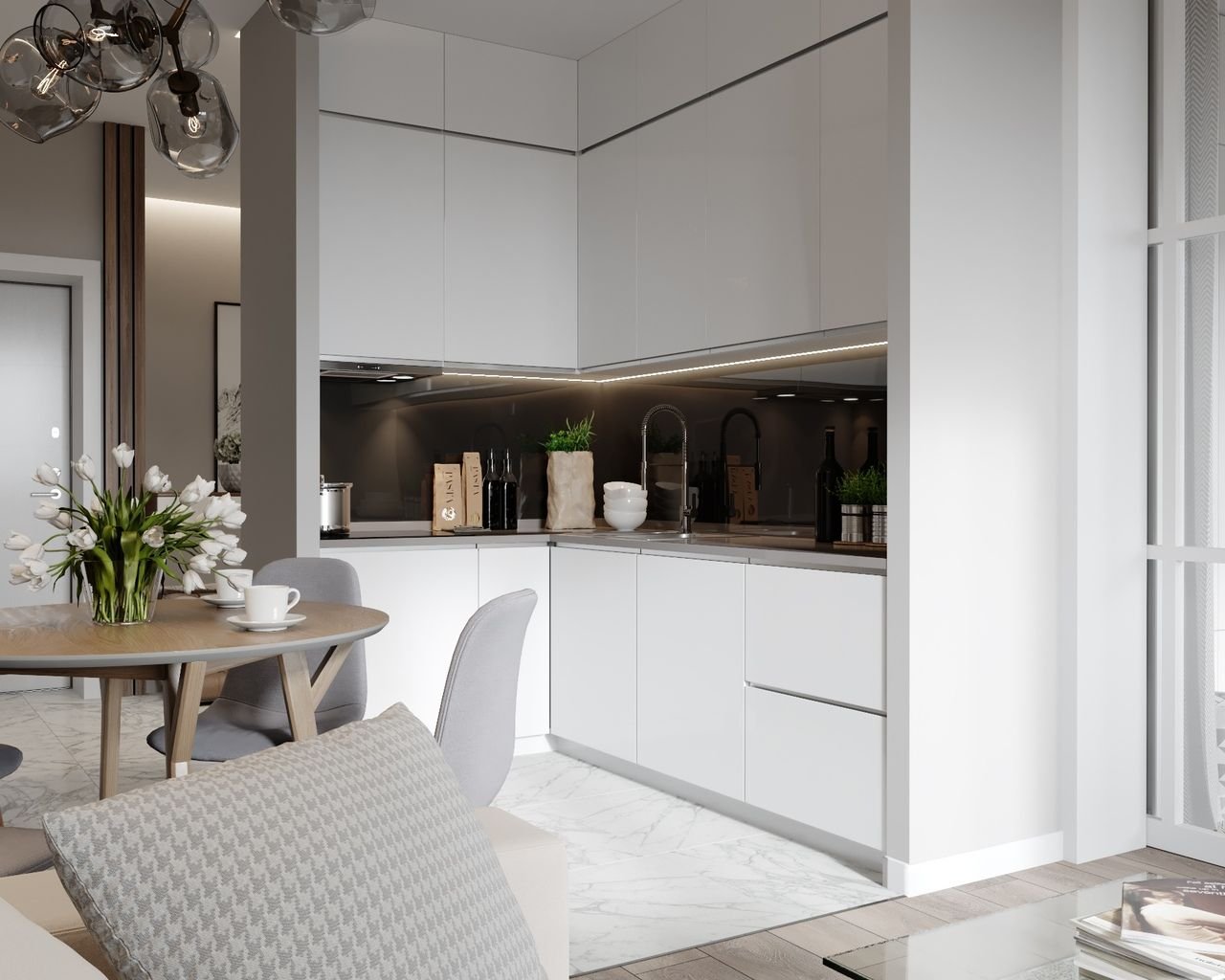 Дизайн белой кухни гостиной