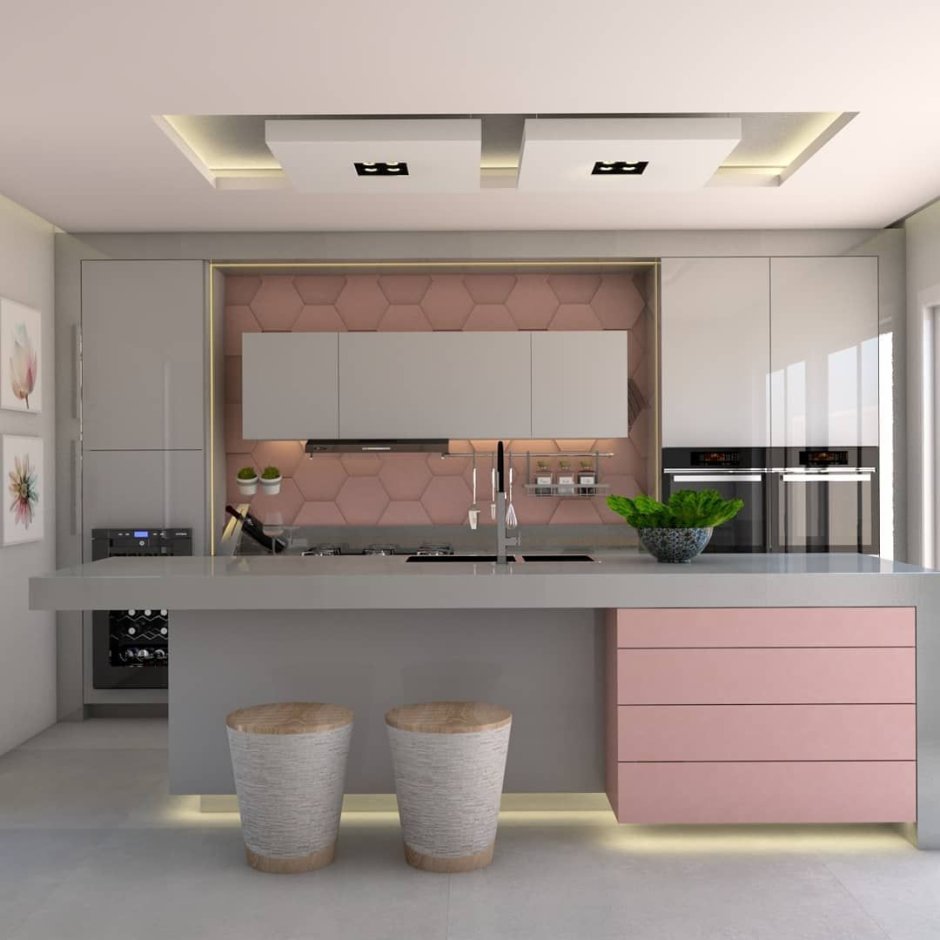 Кухня с розовым фартуком интерьер