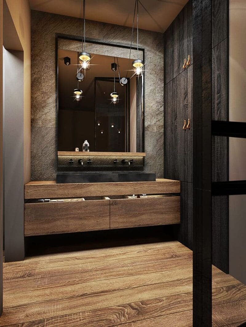 Ванная комната черная с деревом