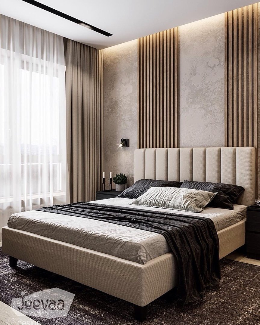 Деревянные рейки в интерьере спальни