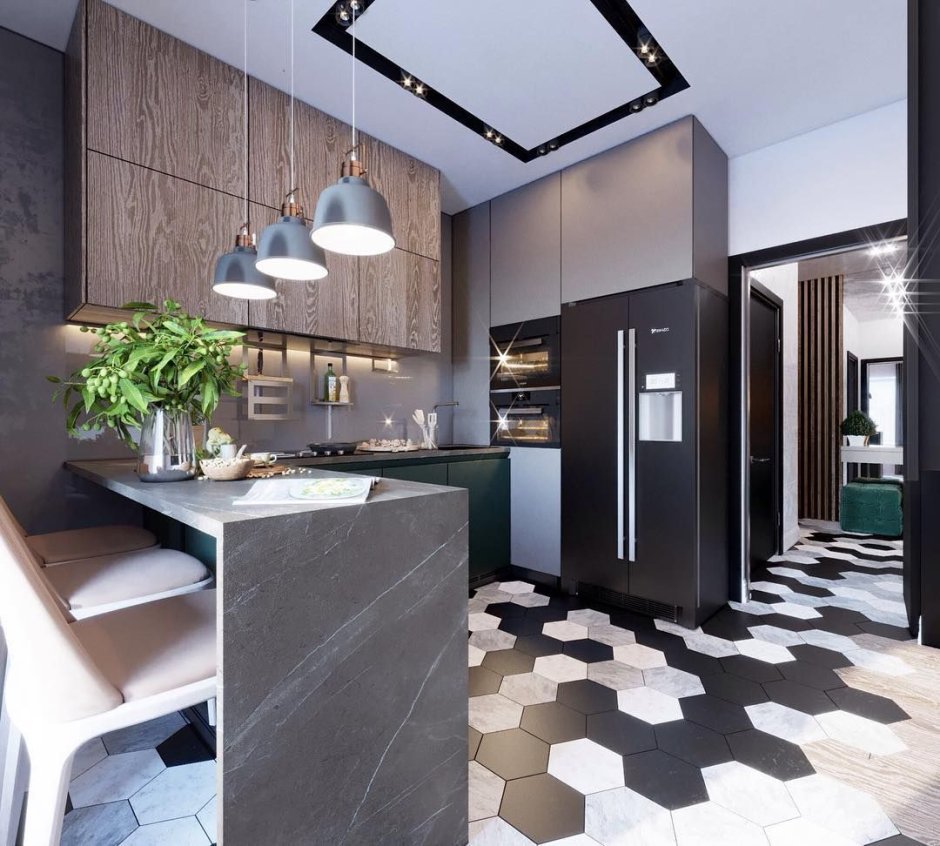 Плитка и паркет в кухне гостиной