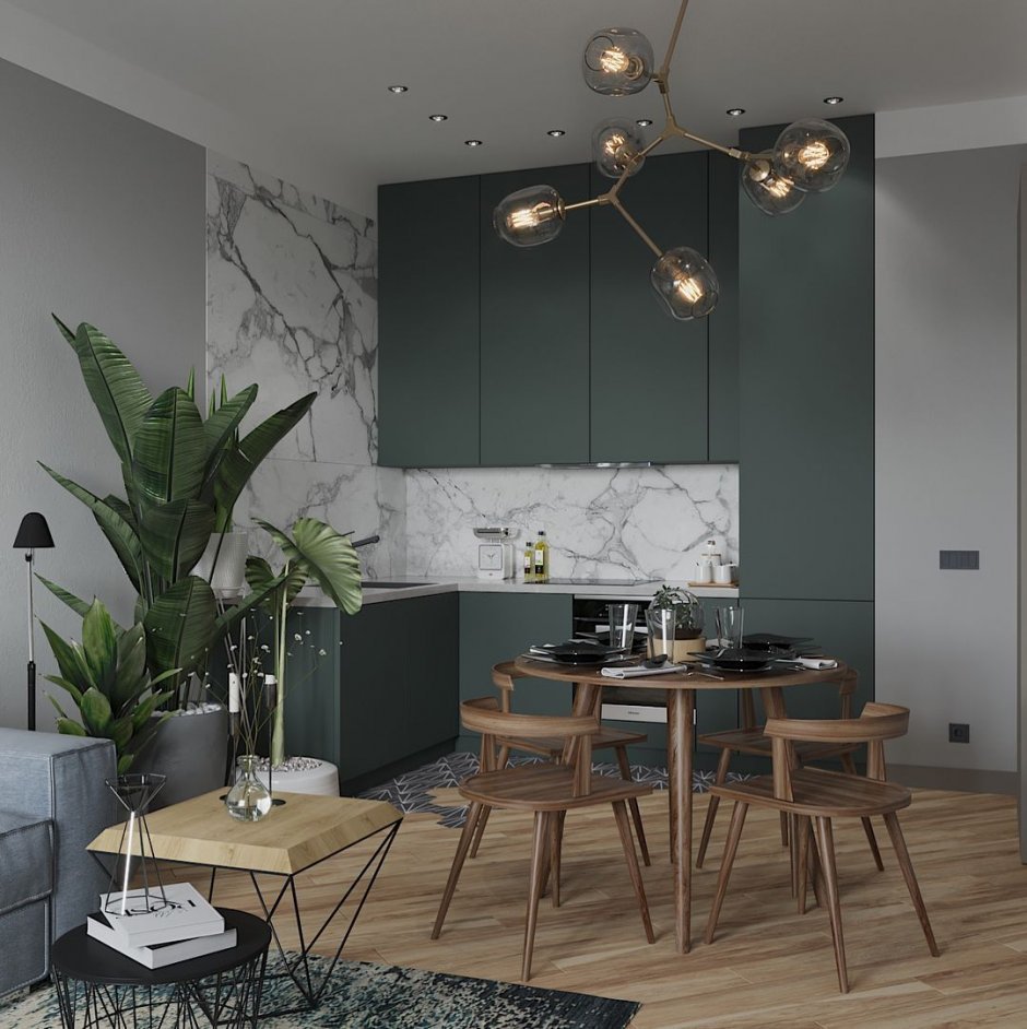 Кухня гостиная в серо зеленых тонах