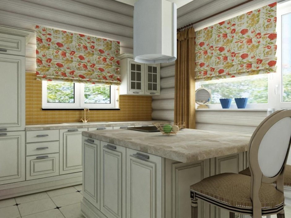 Деревянные жалюзи со шторами на кухне