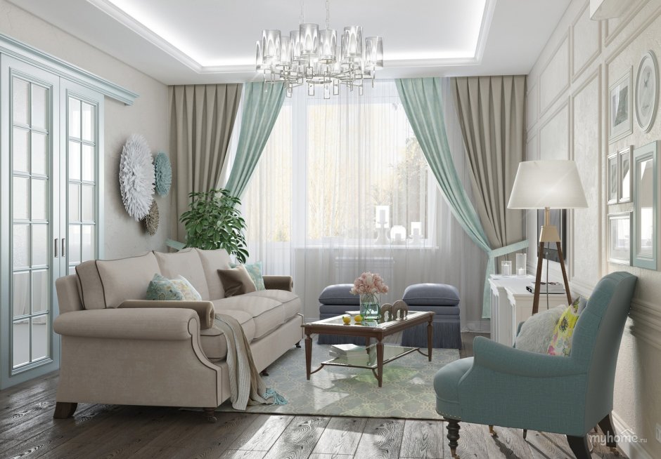 Мятные шторы в интерьере гостиной