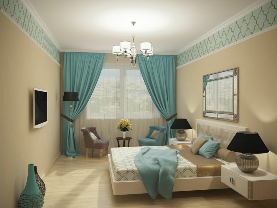 Бирюзовые шторы в гостиной