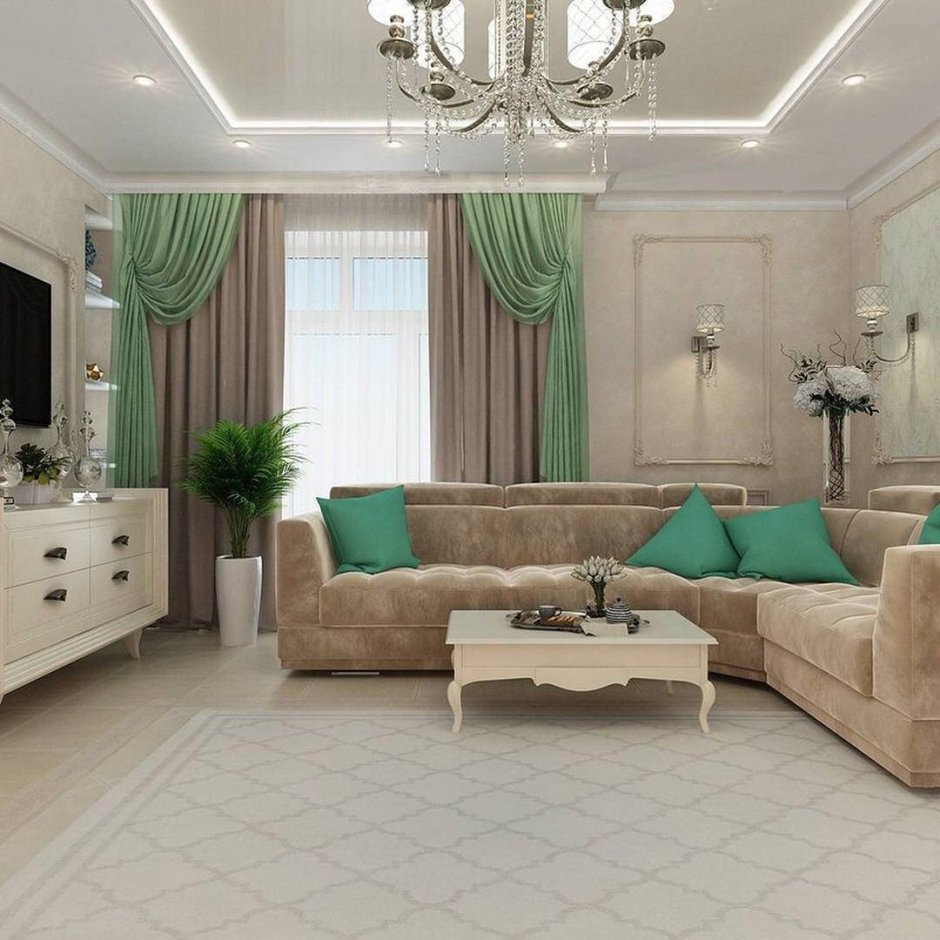 Шторы бирюзовые с бежевым