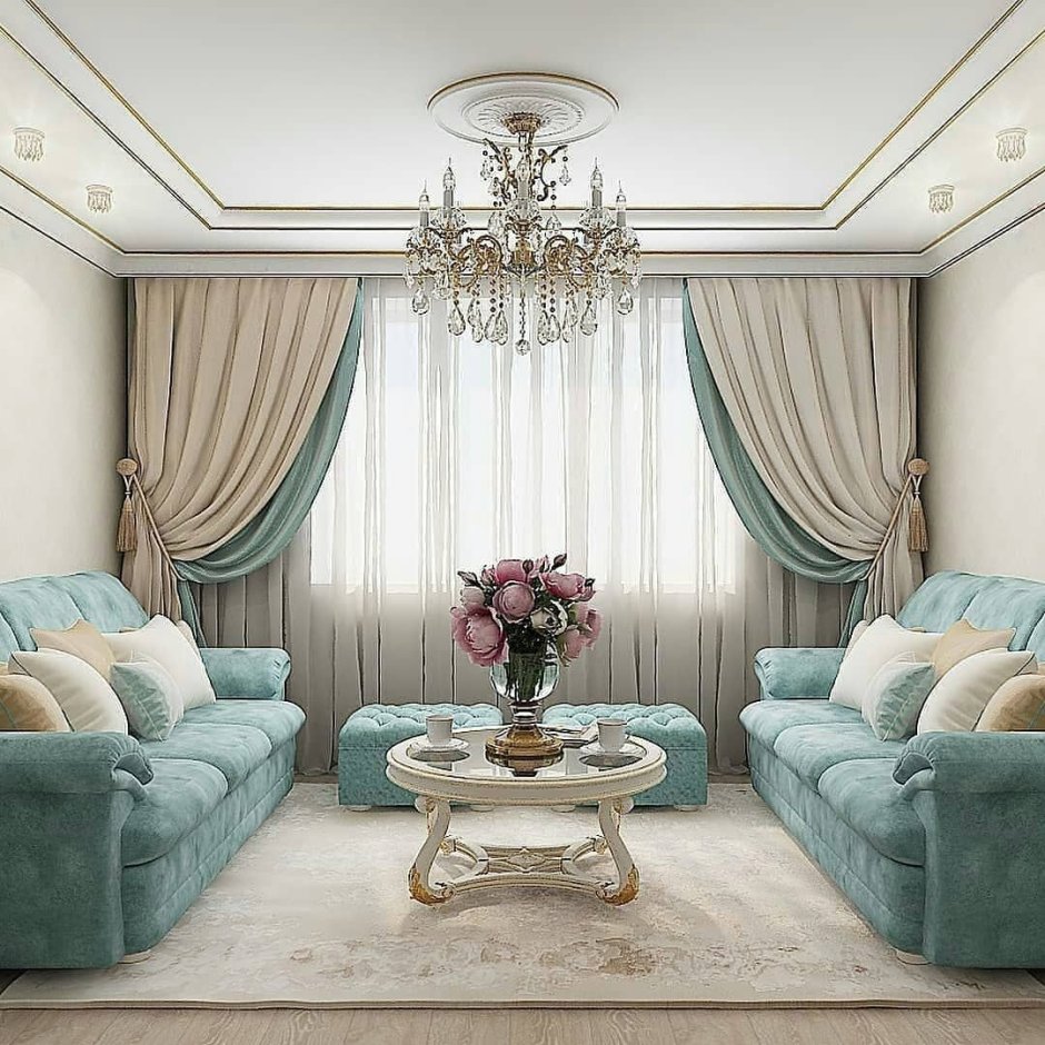Бирюзовые шторы в интерьере