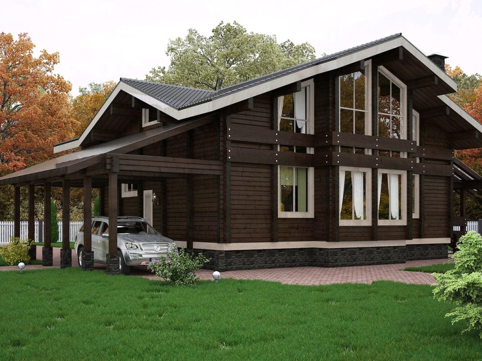 Коричневый дом с белыми окнами