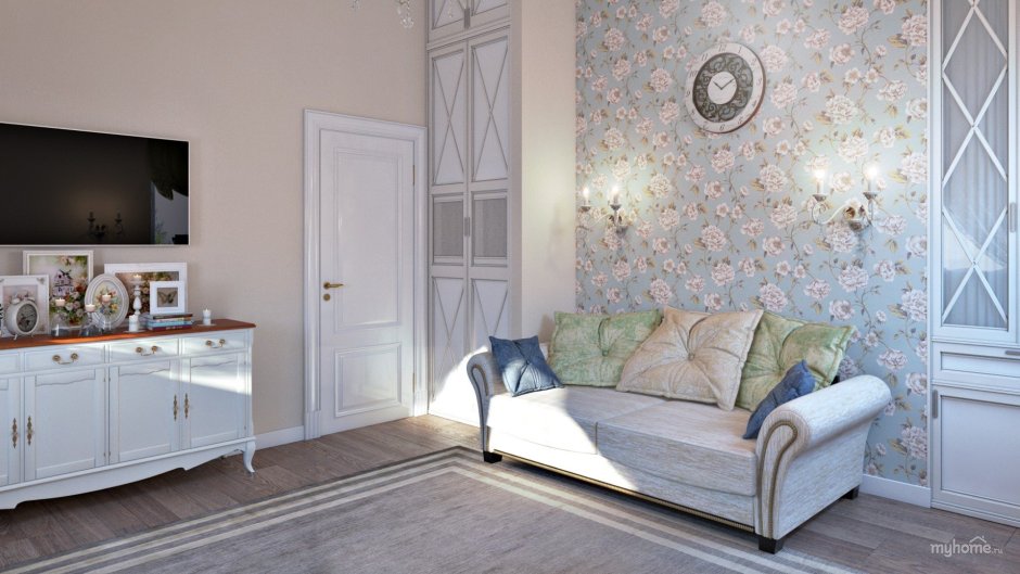 Обои с вензелями в интерьере гостиной