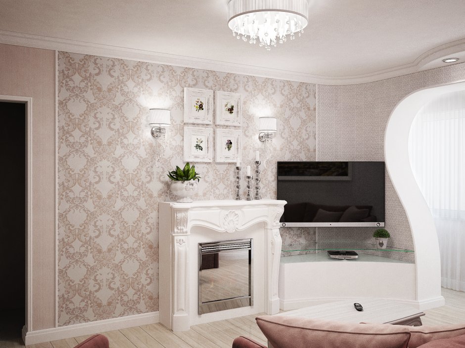 Обои с вензелями в интерьере кухни гостиной