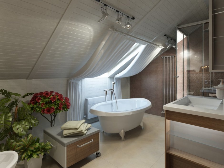 Ванная с мансардным окном