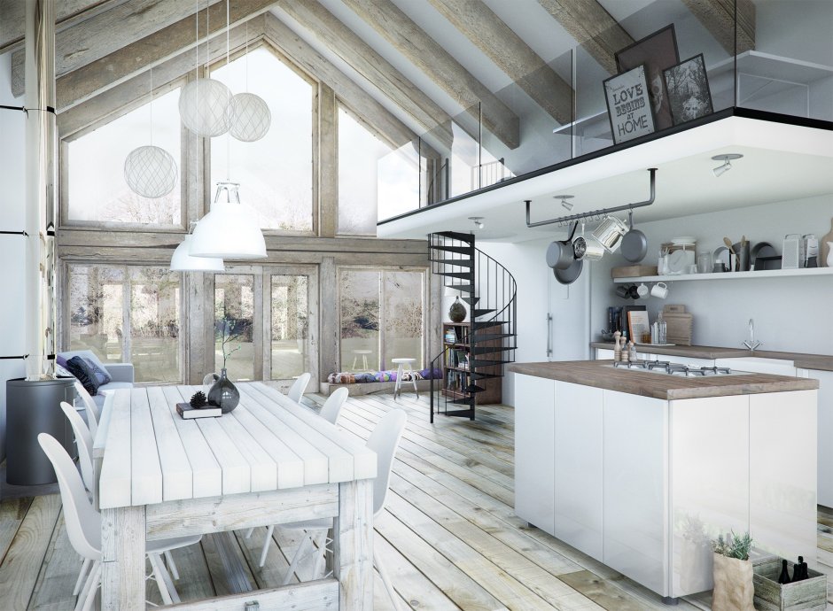 Барнхаус интерьер лестницы с люстрой