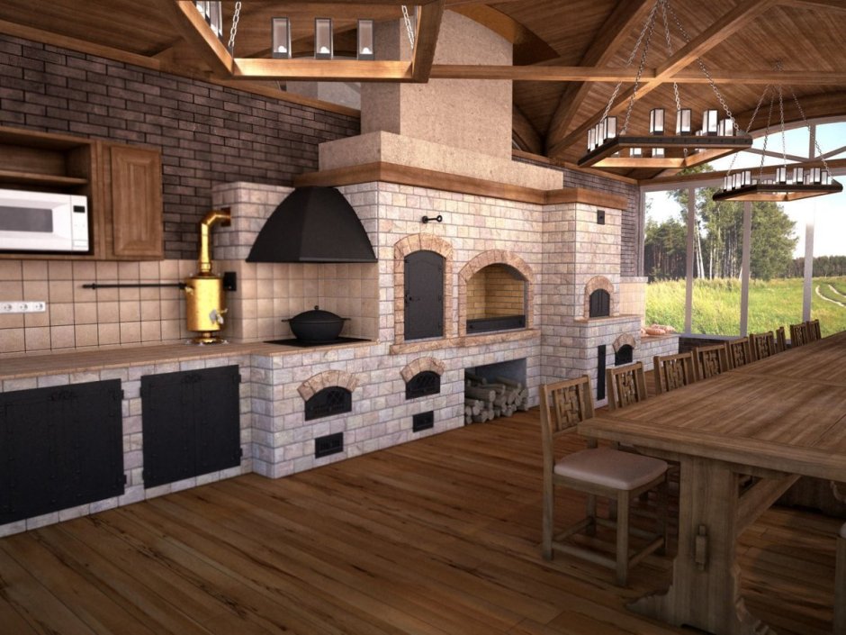 Летняя кухня барбекю из кирпича