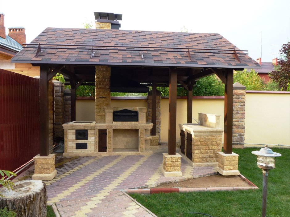 Летняя кухня с камином