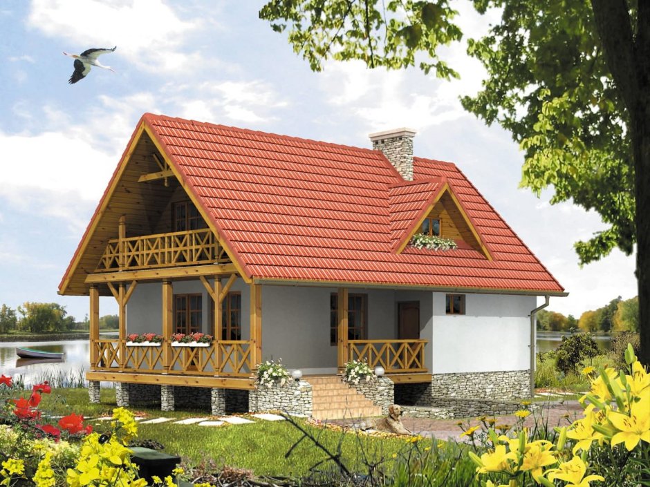 Дом с мансардой и террасой с двухскатной крышей