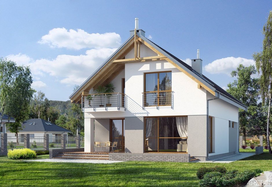 Дом с двухскатной крышей и террасой