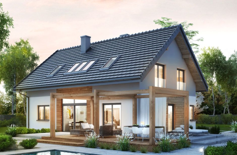 Дом с мансардой двускатной крышей