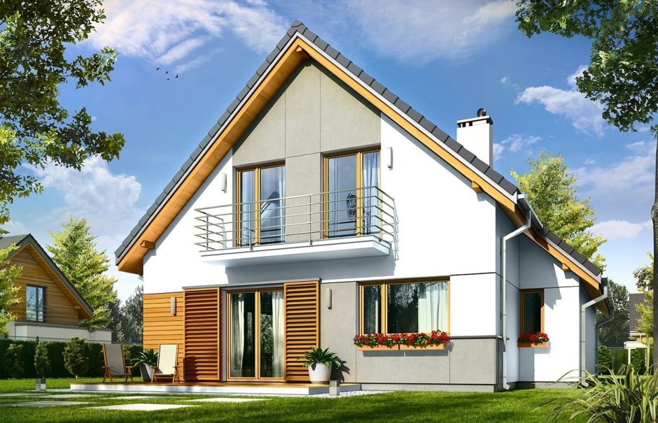 Дом с мансардной крышей и балконом