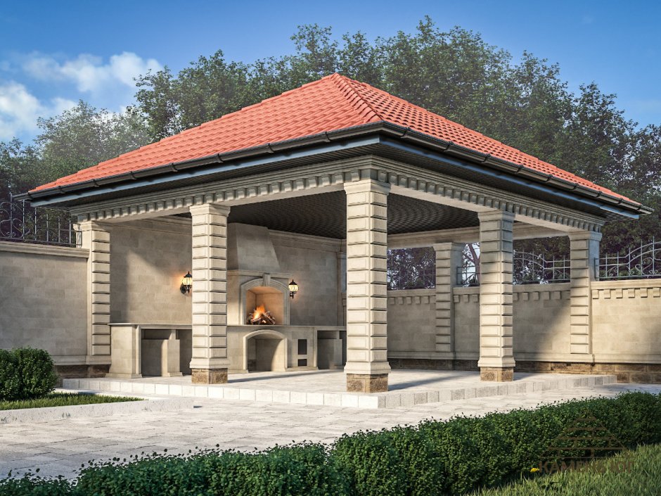 Баня с террасой и барбекюшницей из кирпича