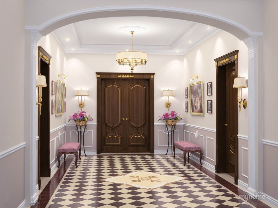 Прихожая в коттедже в классическом стиле