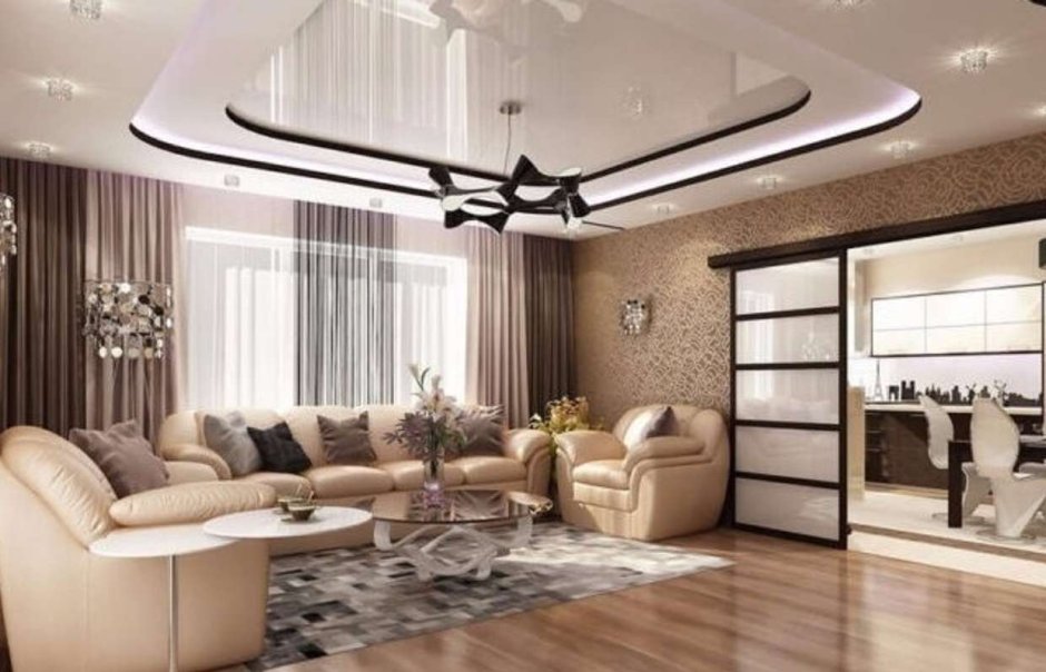 Многоуровневый потолок в гостиной