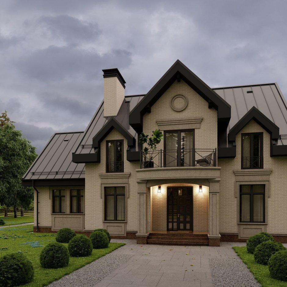 Двухэтажный дом в классическом стиле с террасой