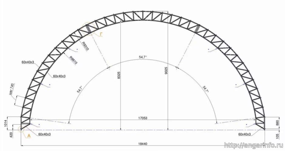 Чертеж арочного Ангара 18м