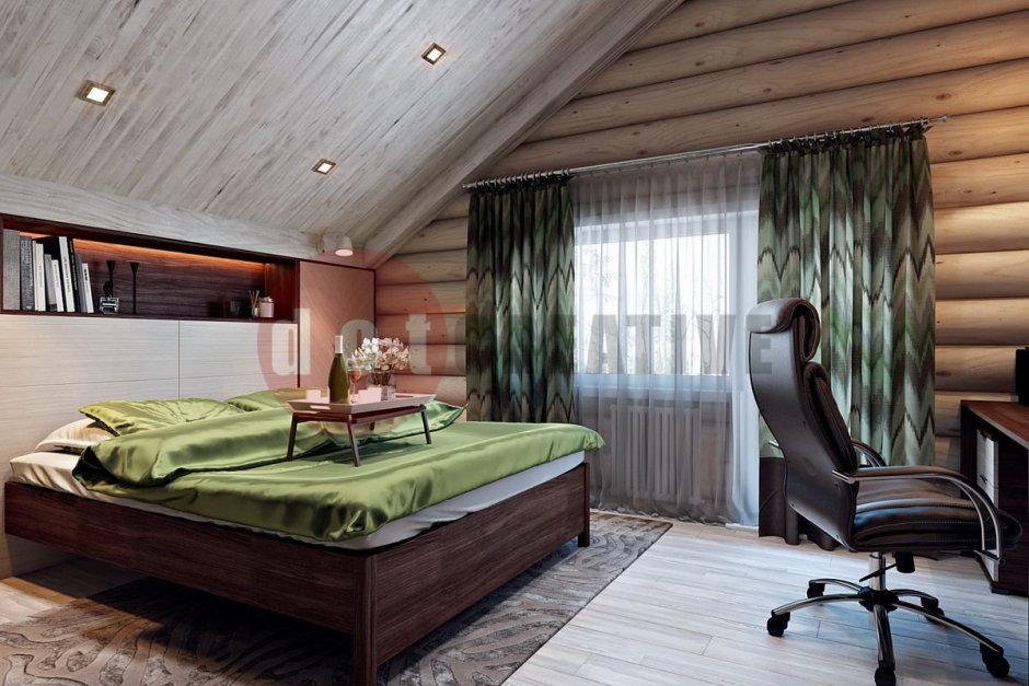 Зеленая спальня в деревянном доме