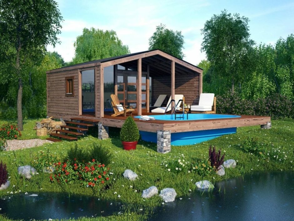 Каркасная баня с террасой