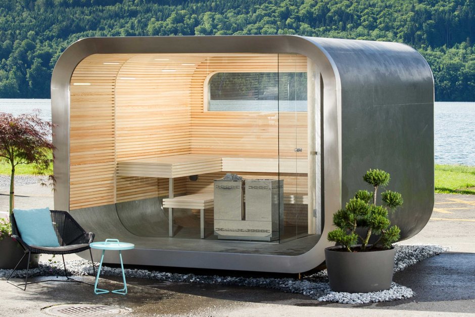 Баня с односкатной крышей и панорамными окнами