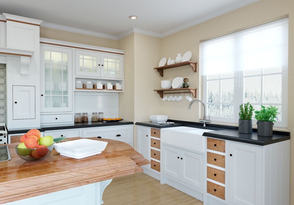 Кухня без верхних шкафов с окном