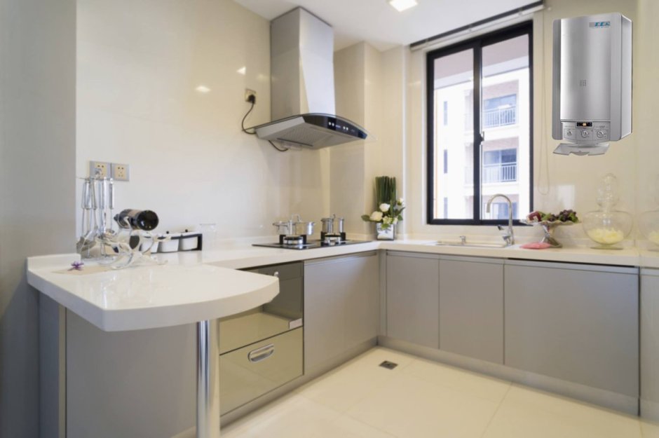 Белая угловая кухня без верхних шкафов с одной стороны