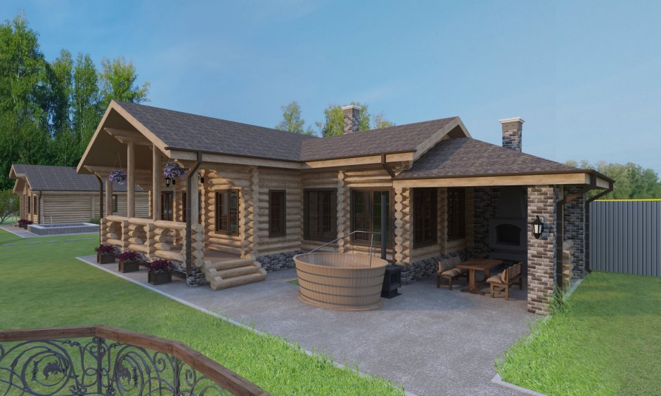 Баня с односкатной крышей и террасой и зоной барбекю