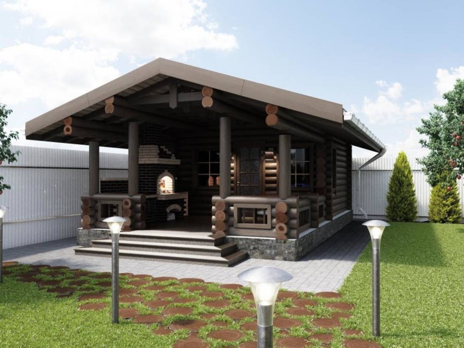 Баня с террасой и мангальной зоной и бассейном под крышей