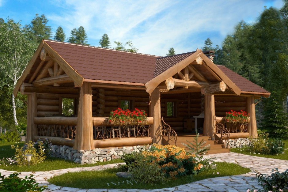 Угловая баня с беседкой и барбекю